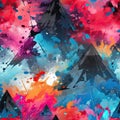 Colorful mountain print with art splats and brushes (tiled)