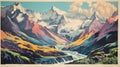 Colorful Mountain Valley Poster: Bold Lithographic Art Inspired By Denali National Park Royalty Free Stock Photo