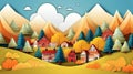 Colorful mountain and village paper cut style background.