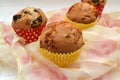 Colorful muffins on silk napkin, vintage image close up Royalty Free Stock Photo