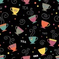 Porcelain tea cups, mugs seamless pattern vector