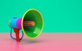 Colorful multi-colored megaphone on a colored background. Single megaphone in bright colors. Illustration with copy space. 3D