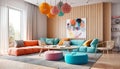 Colorful multicolor corner sofa near wood paneling wall. Pop art playful interior design of modern living room. Created with