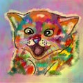 Colorful multicolored face of crazy cat on bright background. Art stylized as a watercolor drawing. Creative portrait of a