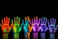 Colorful multicolored human hands on a black background with copy space. generative ai