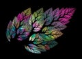 Colorful multicolored illuminated leaves on an abstract branch or tree diagonally positioned against a black background. Royalty Free Stock Photo