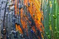 Colorful multicolored paint covered with water drops, theme wallpaper background. Selective focus. Multicolor