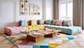 Colorful multicolored sofa in room with white paneling walls. Pop art playful interior design of modern living room. Created with Royalty Free Stock Photo