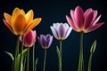 colorful multicolored tulip flowers isolated on black background. yellow, purple, pink colored tulips Royalty Free Stock Photo