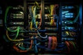 Colorful multiple twisted-pair cables plugged into network switches. Generative AI