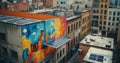 A colorful mural is painted on the side of a building, with a sun in the center. The building is located in a city, surr Royalty Free Stock Photo
