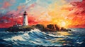 Colorful Muralist Painting: Lighthouse Floating On Ocean At Sunset
