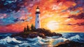 Colorful Muralist Painting: Lighthouse In Water At Sunset