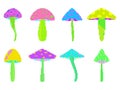Colorful mushrooms in pixel art style icon set isolated on white background. Trippy magic mushrooms in 8 bit 90s video game style Royalty Free Stock Photo