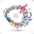 Colorful music background with clef and notes, music sheet in rounded frame. Royalty Free Stock Photo