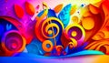 Colorful music background with musical notes and leaves on multicolored background. Generative AI Royalty Free Stock Photo