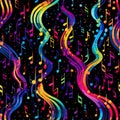 Colorful music notes in rainbow colors on a black background. Seamless pattern style Royalty Free Stock Photo