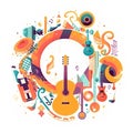 Colorful musical instruments round composition. Guitar, guitar, saxophone, tambourinecas, flute. Vector illustration