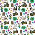 Colorful musical seamless pattern. Fun colors. Doodle music background.