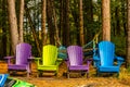 Colorful wooden chairs at rivers edge in the colors of Autumn, w Royalty Free Stock Photo