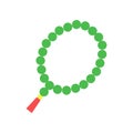 Colorful Muslim rosary with green beads and red tassel. Religious accessory, symbol of Islam. Cartoon flat vector icon