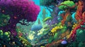 Colorful Mystical forest. Illustration painting