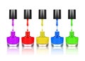 Colorful nail polishes dripping from brush into bottle Royalty Free Stock Photo