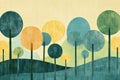 Colorful naive art style landscape with trees and hills for creative mock up or text placement opportunities. Generative
