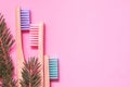 Colorful natural bamboo brushes on pink background