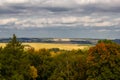 Colorful natural landscape with field, trees and sky.