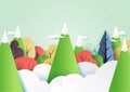 Colorful nature landscape background with clouds,forest and mountains paper art style.