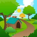 Colorful nature landscape with green grass, trees, bushes and wooden dog s house. Sunny summer background with blue sky