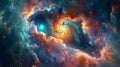 A colorful nebula in space with a bright orange and blue center, AI Royalty Free Stock Photo