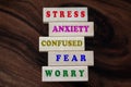 Colorful negative single word list on wooden blocks. Master your mind concept from stress, anxiety, confused, fear, and worry.