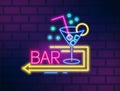 Colorful neon bar signboard with martini glass and arrow vector flat illustration. Bright glowing party symbol with Royalty Free Stock Photo