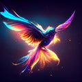 Colorful neon bird flying in the night sky. Vector illustration. Generative AI