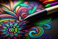 Colorful neon bright mandala drawing with pencils. Close up, macro.