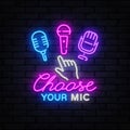 Colorful neon composition with three microphones and hand pointer, Choose Your Mic text below. Fun for music apps or Royalty Free Stock Photo