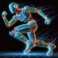 Colorful neon digital art of dancing humanoid robot dynamic posture footloose Royalty Free Stock Photo