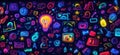 Colorful neon doodles representing creativity, technology, and digital communication, copy space for text Royalty Free Stock Photo