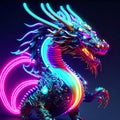 Colorful neon dragon on a dark background. 3d rendering. AI generated