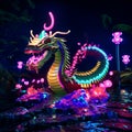 Colorful neon dragon on the pond in the park. 3d rendering Generative AI