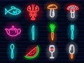 Colorful neon food and entertainment signs and icons set Royalty Free Stock Photo