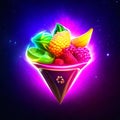 Colorful neon fruit in a heart shaped box. 3d rendering Generative AI