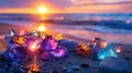 Colorful neon gemstones on a beach. Mystical glow. Royalty Free Stock Photo