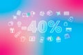Colorful neon glowing - 40 % off sale tag hanging on pink and blue background. Various shopping icons.