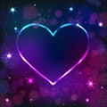 Colorful neon heart frame on a dark star background