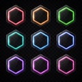 Colorful neon hexagon banners set. Hexagonal logo. Royalty Free Stock Photo