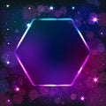 Colorful neon hexagon frame on a dark star background