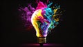 Colorful neon idea light bulb with exploding glowing illustrations generative aI